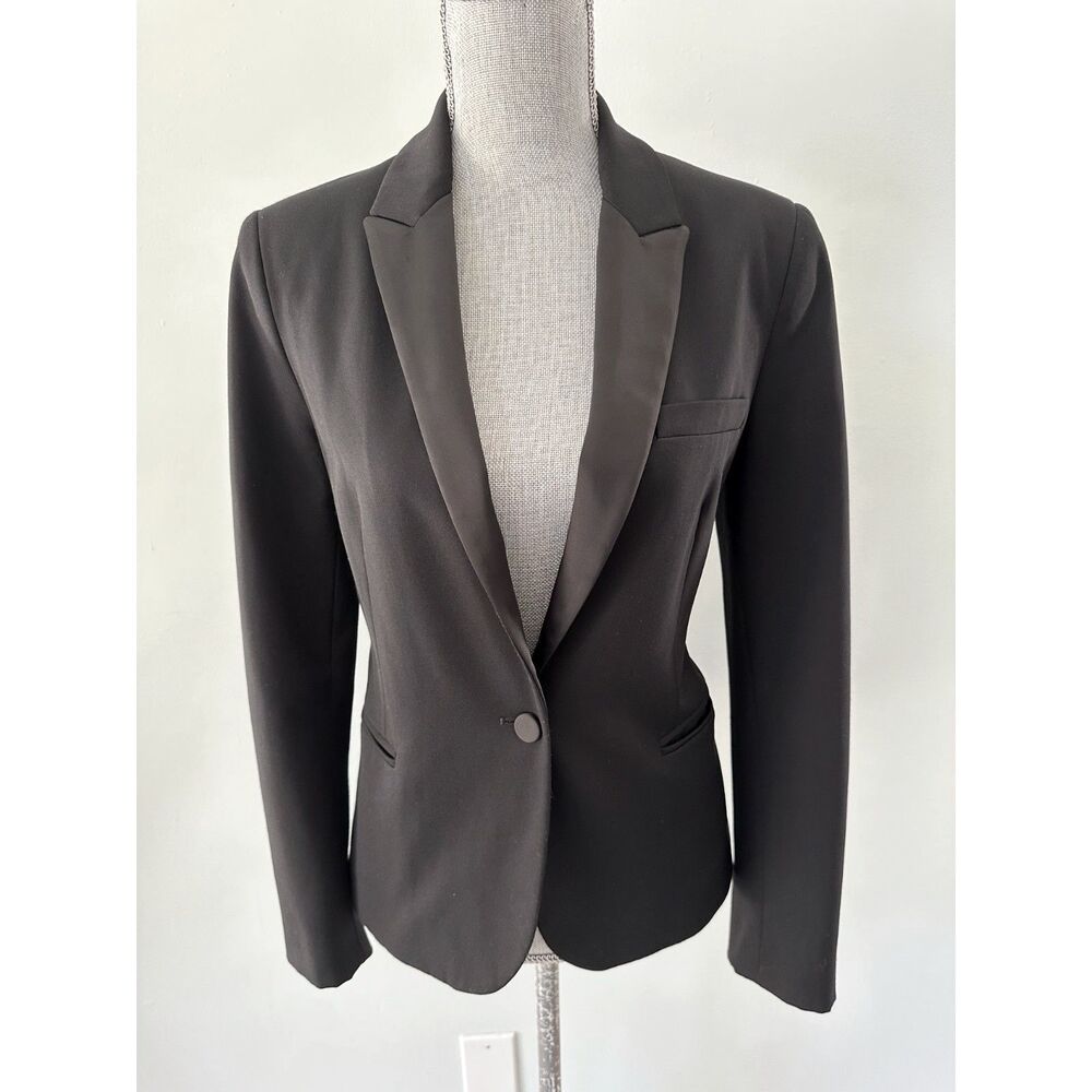 Zara Black Single Button Blazer Tuxedo Jacket Satin Collar Women's size Large